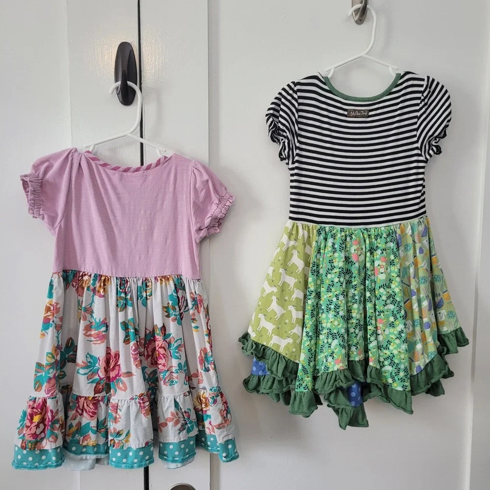 Matilda Jane Lot of 2 Size 4 Dress Joanna Gaines Striped Floral Ruffle Patchwork